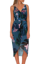 Light Blue V Neckline Sleeveless Floral Dress