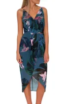 Light Blue V Neckline Sleeveless Floral Dress