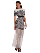 Black Lace Overlay Sheer Mesh Extension Maxi Dress