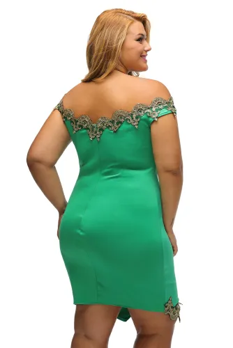 Gold Lace Applique Green Off Shoulder Mini Dress