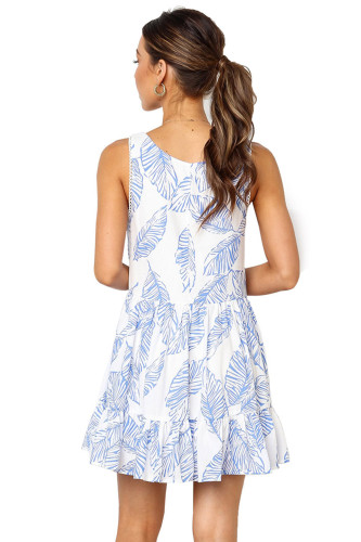 Sky Blue Leaf Pattern Ruffled Summer Boho Dress