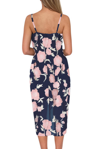 Blue V Neckline Sleeveless Floral Dress