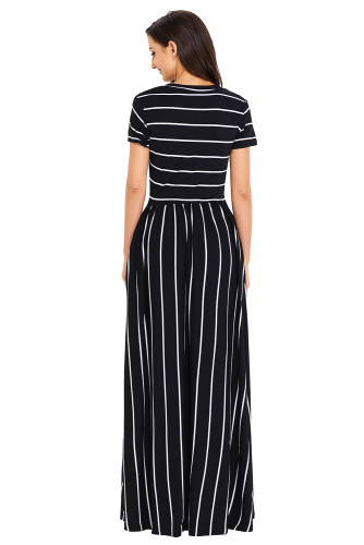 White Striped Black Short Sleeve Maxi Dress