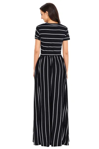White Striped Black Short Sleeve Maxi Dress