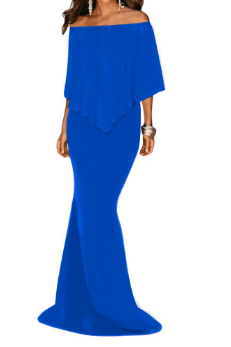 Royal Blue Off Shoulder Overlay Ruffle Evening Dress
