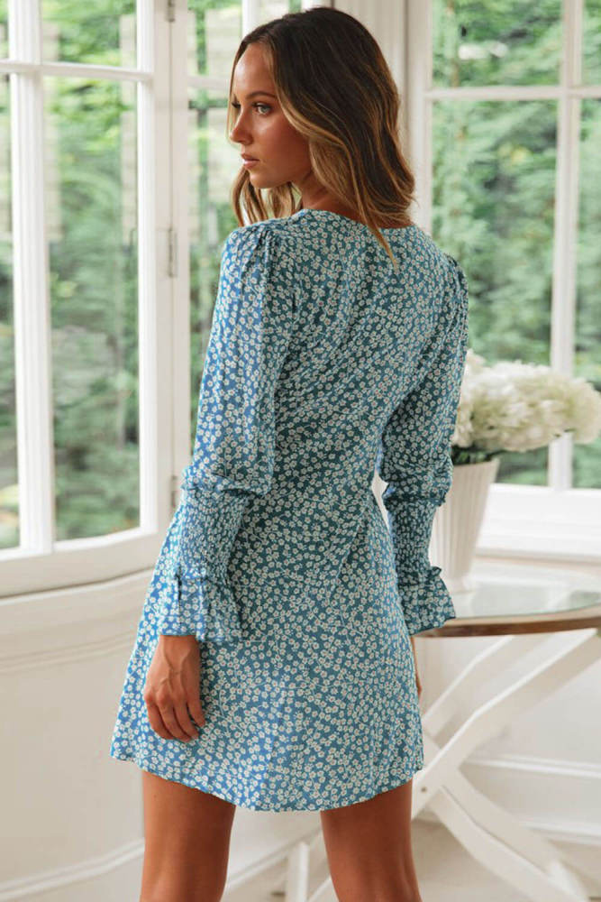 Sky Blue V Neck Floral Print Boho Ruffled Sleeve Dress
