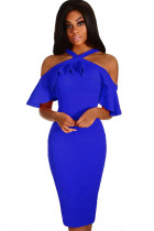 Royal Blue Frill Cold Shoulder Midi Dress