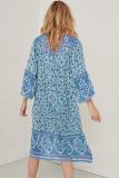 Sky Blue Three-Quarter Sleeve Mid-Calf Print Dress