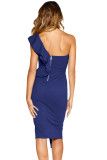 Navy Asymmetric Ruffled One Shoulder Midi Dress