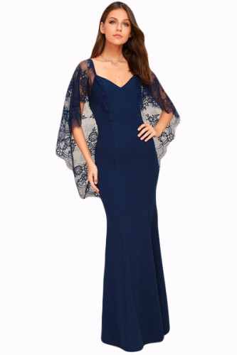 Navy Blue V Cut Open Back Lace Cape Sleeve Maxi Evening Poncho Dress