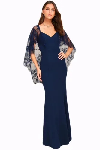 Navy Blue V Cut Open Back Lace Cape Sleeve Maxi Evening Poncho Dress