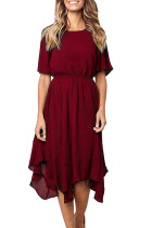 Red Chiffon Irregular Hem Short Sleeve Pleated Dress