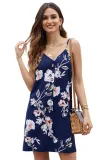 Blue Floral Pattern Buttoned Slip Cami Dress