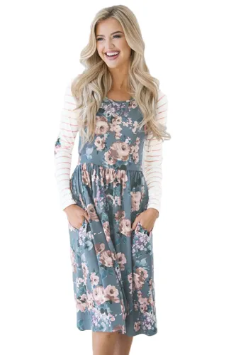 Purple Floral Stripe Long Sleeve Side Pocket Boho Dress