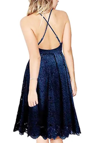 Blue Lace Floral V Neck Backless Cocktail A-Line Dress