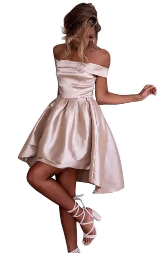Pink Off Shoulder Pleated Satin Homecoming Dress