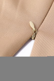 Asymmetric Button Detail Khaki Ruched Midi Dress