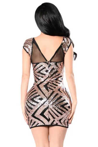 Gold Sequin Mesh Cutout Sexy Club Dress
