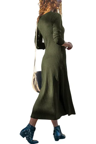 Army Green Button Front Long Sleeve Ribbed Midi Dress