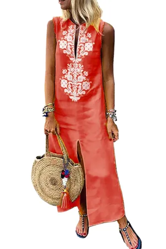 Orange Sleeveless Casual Slit Geometric Summer Dress