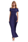 Navy Blue Short Sleeve Ruched Waist Maxi Dress