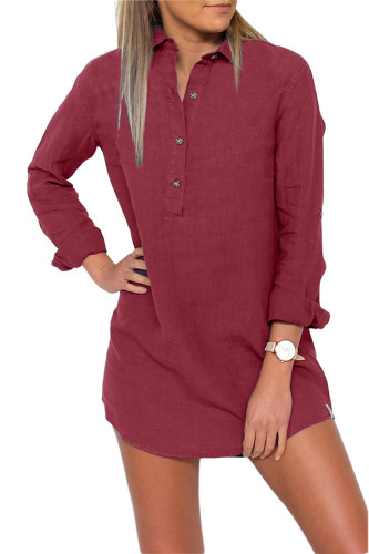 Burgundy Button Neck Long Sleeve Shirt Dress
