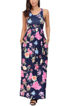 Navy Flourish Print Sleeveless Long Boho Dress
