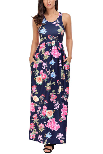 Navy Flourish Print Sleeveless Long Boho Dress