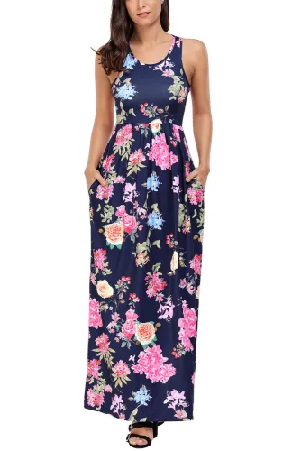 Navy Flourish Print Sleeveless Long Boho Dress