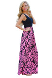 Rosy Damask Print Sleeveless Long Boho Dress
