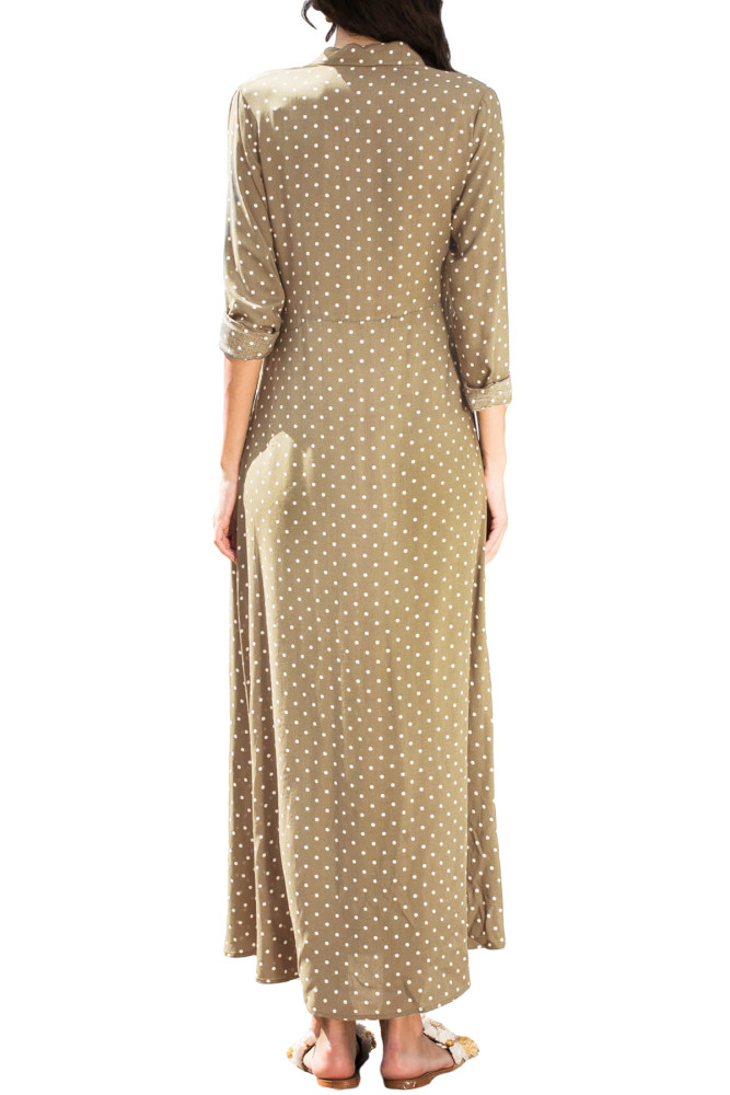 Olive Green Polka Dot Buttoned Maxi Shirt Dress