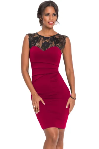 Sheer Lace Yoke Burgundy Sleeveless Bodycon Dress