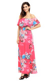 Flower Print Rosy Grounding Off Shoulder Long Boho Dress