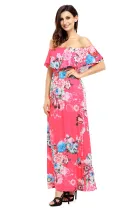 Flower Print Rosy Grounding Off Shoulder Long Boho Dress