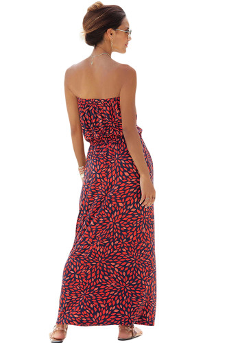 Red Bohemian Bandeau Floral Print Maxi Dress