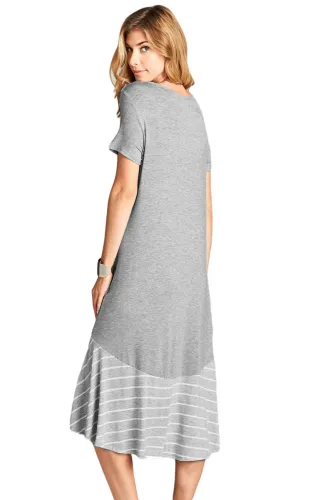 Gray Hi-low Striped Ruffle Hem Midi Dress
