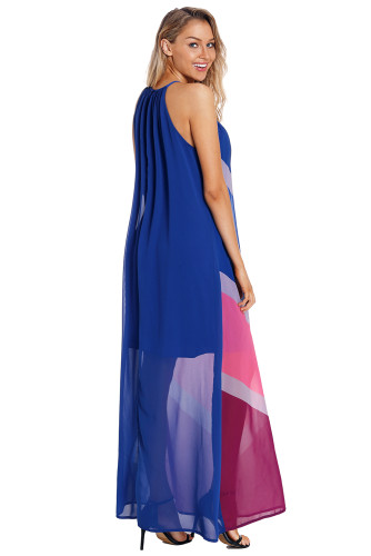 Blue Chevron Color Block Halter Neck Maxi Dress