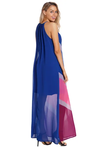 Blue Chevron Color Block Halter Neck Maxi Dress