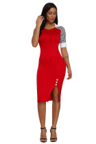 Houndstooth Patchwork Red Office Sheath Dress