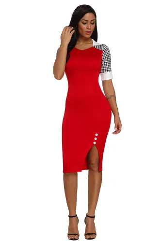 Houndstooth Patchwork Red Office Sheath Dress