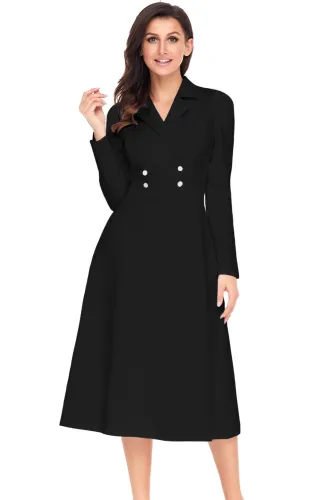 Black Vintage Button Collared Fit-and-flare Dress