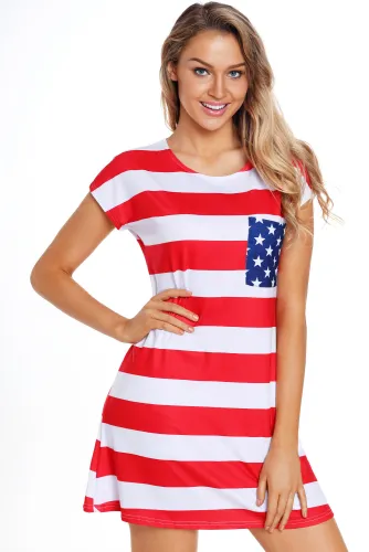 Star Patch Pocket Striped Flag Shirt Dress