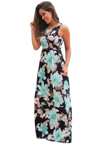 Black Blue Floral Print Sleeveless Long Boho Dress