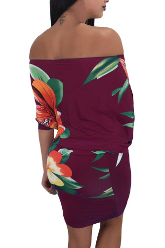 Batwing Sleeve Skew Neck Burgundy Floral Bodycon Dress