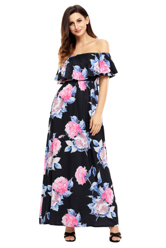 Flower Print Black Grounding Off Shoulder Long Boho Dress