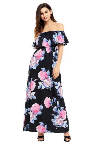 Flower Print Black Grounding Off Shoulder Long Boho Dress