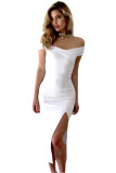 White Bodycon Off Shoulder Split Midi Dress