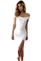 White Bodycon Off Shoulder Split Midi Dress