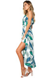 Green Blue Palm Print Ruffle Detail Sundress