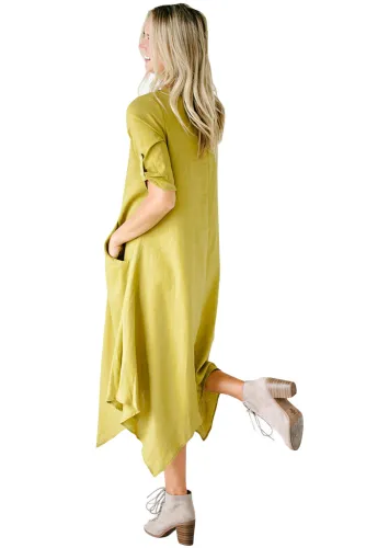 Gold Mustard Handkerchief Hem Midi Dress